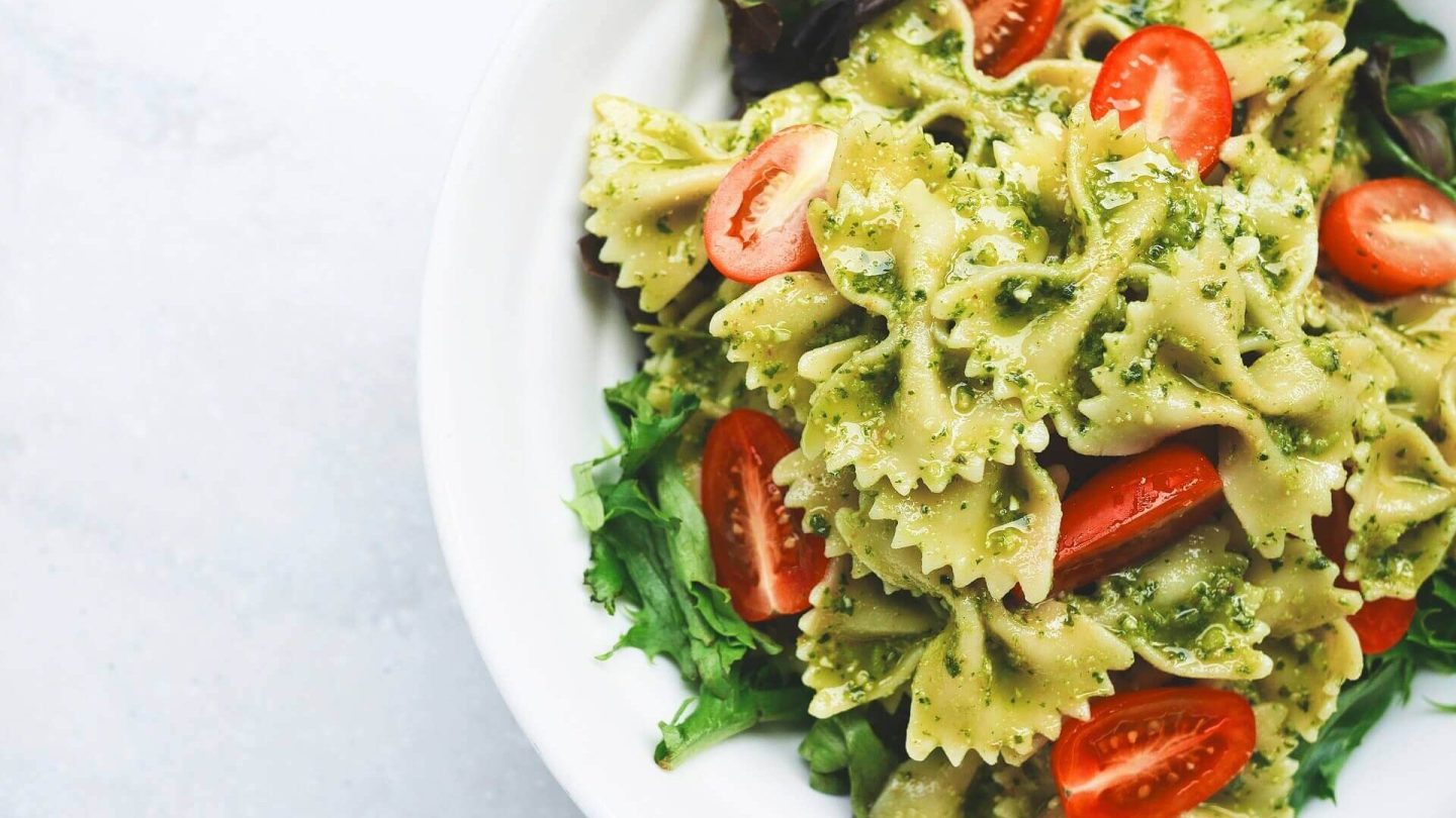 Farfalle with Green Pesto and Tomatoes