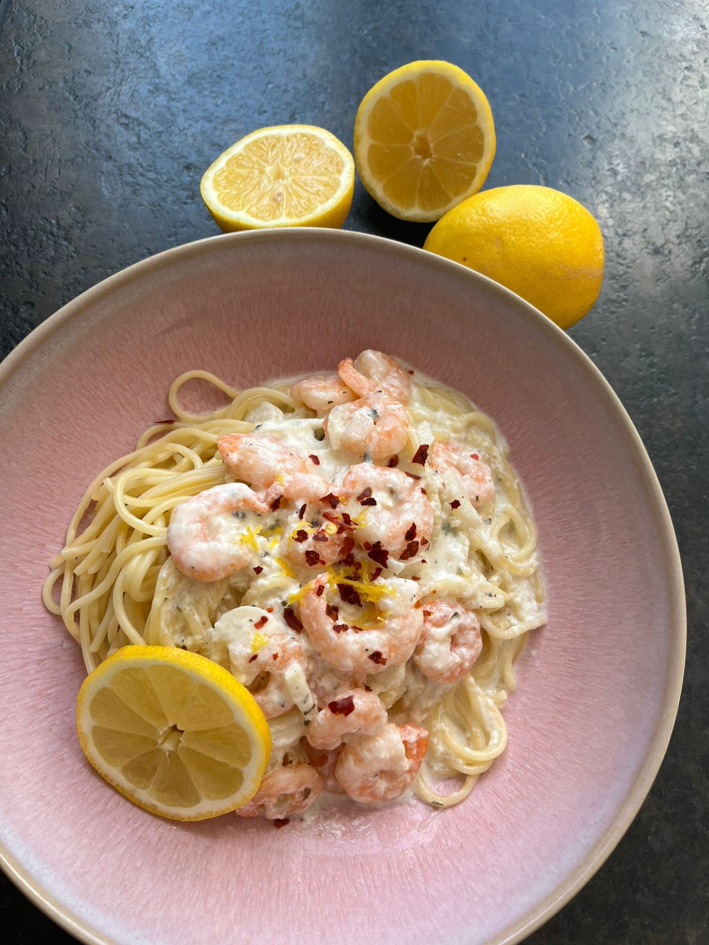 Creamy lemon garlic pasta with scampi