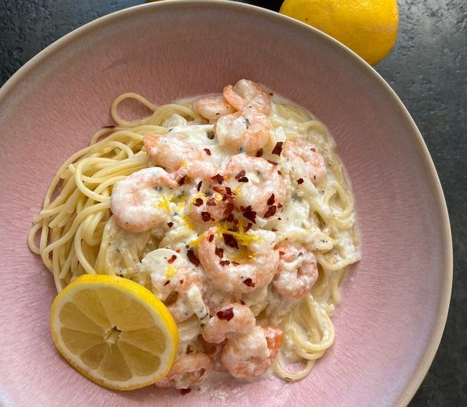 Creamy lemon garlic pasta with scampi